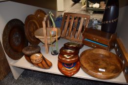 A selection of treen wood including burr dish and recipe book stand