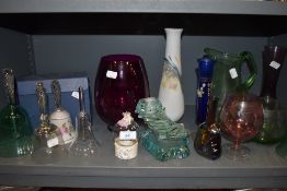 A variety of glass including an unusual candlestick holder, colourful pieces and bells.