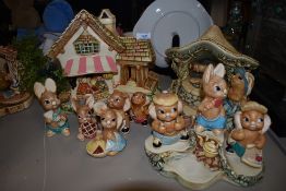 A selection of Pendelfin by Stonecraft including Village Shop Toadstool Well and accompanying