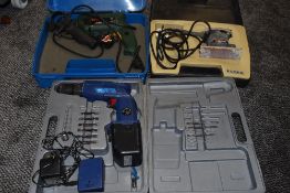 Two corded drill, one being Bosch,and a sander.