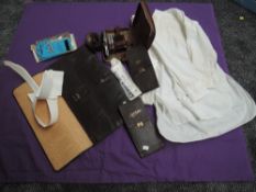 A collection of gents vintage items, including wash kit with unused razor in bakelite box, shirt and
