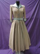 A late 1940s pale pink and blue dress, possibly a silk blend, the reverse is block coloured with a