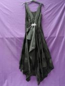 A black 1940s black striped gown(possibly a silk or synthetic silk blend) having handkerchief hem,