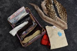 A box of ladies vintage items and accessories, included are a silk blouse with tags, a mink tippet