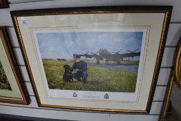 A limited edition signed print (10/50) entitled after the flood, depicting RAF pilot and dog.