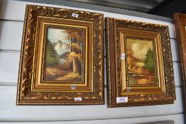 A pair of oils on board depicting mountain scenes.