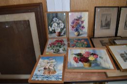 A selection of original oils on board depicting still life and sailing galleon