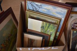 A box full full of fox hunting related prints and a needle work.