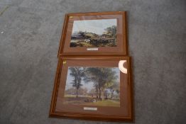 Two prints, one depicting cricket match and the other farm workers.