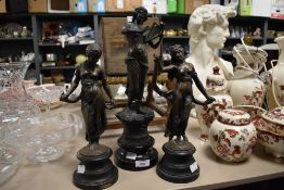 Three late 19th century cast French style classical maiden mantle garnitures mounted on wooden