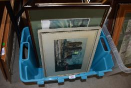 A selection of prints and picture frames, including plaster and gilt effect.