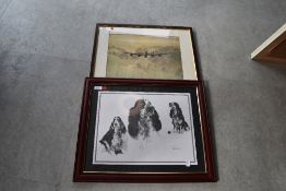 Two prints, one of a Cocker spaniel the other a Lancaster bomber.