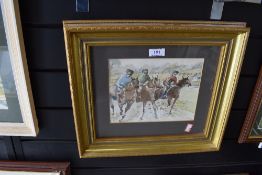 A framed watercolour of local interest 'Morning gallop at Cartmel' by T Kendall