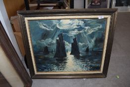 An original oil on board depicting moon light sailing