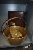 A leather bound case jam pan and biscuit tin