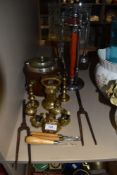 A selection of fire side items including companion set, oak biscuit barrel and brass ornaments