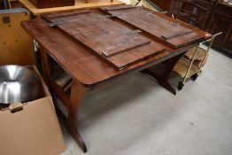 A traditional dark stained pine kitchen table in the farmhouse style, length approx. 138cm, plus 2 x