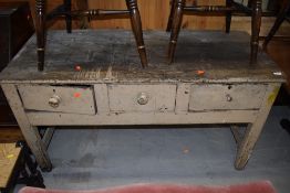 A Victorian kitchen preparation table/work bench , having three frieze drawers, approx width .