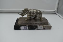 A White Metal Model of a Rhinoceros on a stone plinth inscribed Salamanca BKS Warrant Officers and