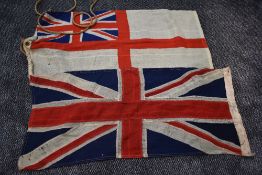 Two vintage Flags, Royal Navy White Ensign and Stitched Union Jack , both approx 40cm x 85cm