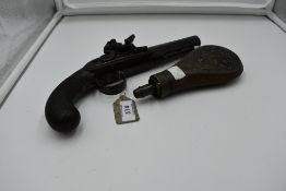 A Flintlock Pistol by Harcourt Ipswich along with a Copper Powder Flask having hunting decoration