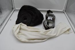 A leather Flying Helmet, a pair of modern Halcyon Goggles and a white silk scarf