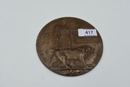 A WW1 Memorial Plaque to Harold Hamer Coupland, said to be 242013 RFM HH Coupland 6 L Pool RGT KIA