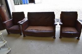 A fine three piece Art Deco leather club chair and sofa set, good solid frames and leather good with