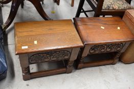 A matching pair of low oak side tables with storage by Old Charm