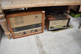 Two vintage radios, fire guard and a set of bellows