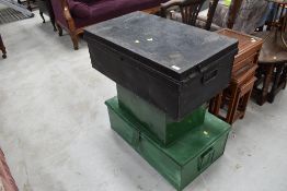 Three vintage tin trunks, various sizes