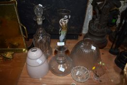 A selection of glass wares including two vintage light shades and hand blown decanter