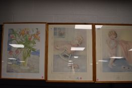 Two prints after Bessie Pease Gutman, and abstract floral print after Richard Ackerman.