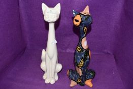 Two ceramic cats, one marked Jontra John Hird ceramics, Napier NZ.