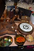 A selection of wooden treen items including nice set of bookends, barrometer and Black forest