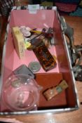 A mixture of vintage items including glass measure, pocket knives,brass pencil sharpener in case,