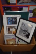 A box of general, including sport interest and framed Marilyn Monroe photo.