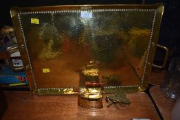 A selection of brass wares including brass effect tray small stove iron and insect container