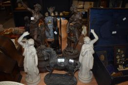 A selection of Victorian mantle garnitures including French spelter and parian ware classical
