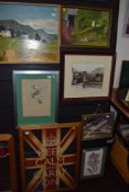 A lot containing seven artworks including two oil on board, two photographs(possibly local) signed