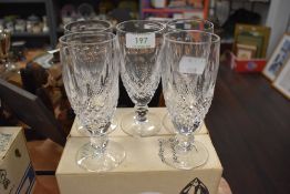 A set of five Waterford crystal wine glasses with box.