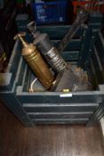 A selection of hardware including two vintage fire extinguishers one brass Pyrene