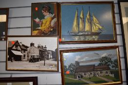Three needle works and a photograph of Heysham.