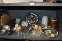 A mixed lot of vintage items, including biscuit barrel, flask, glass cruet and knife rests, jelly