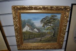 A framed oil on canvas depicting an Irish farmhouse. Signed Sutton D84.
