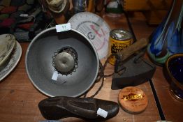 A selection of hardware including cast stove iron and cobblers shoe last