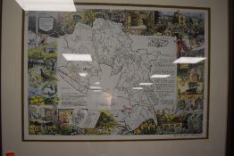 A signed print depicting a map of Cartmel and surrounding areas and scenes of local interest