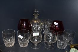 A small lot of vintage glass, including decanter, red brandy glasses and Stuart tumblers.