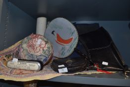 A selection of haberdashery items including dress brush and Chinese fan