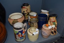 A selection of vintage vases and tankards and condiment jars, various styles and sizes.